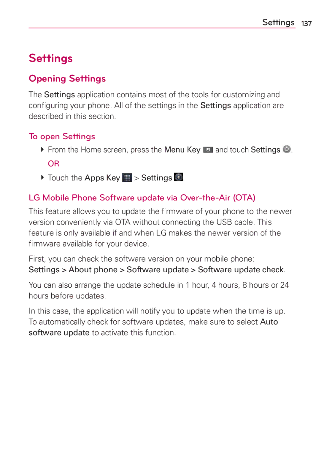 LG Electronics AS680 manual Opening Settings, To open Settings, LG Mobile Phone Software update via Over-the-Air OTA 