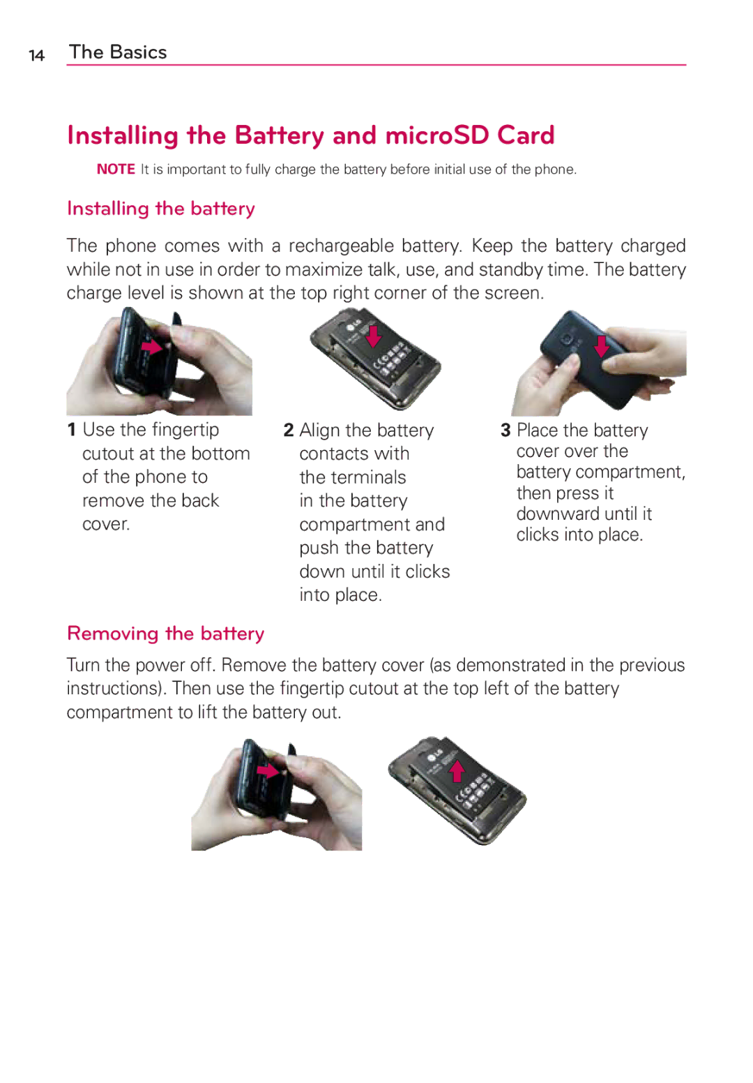 LG Electronics AS680 manual Installing the Battery and microSD Card, Installing the battery, Removing the battery 