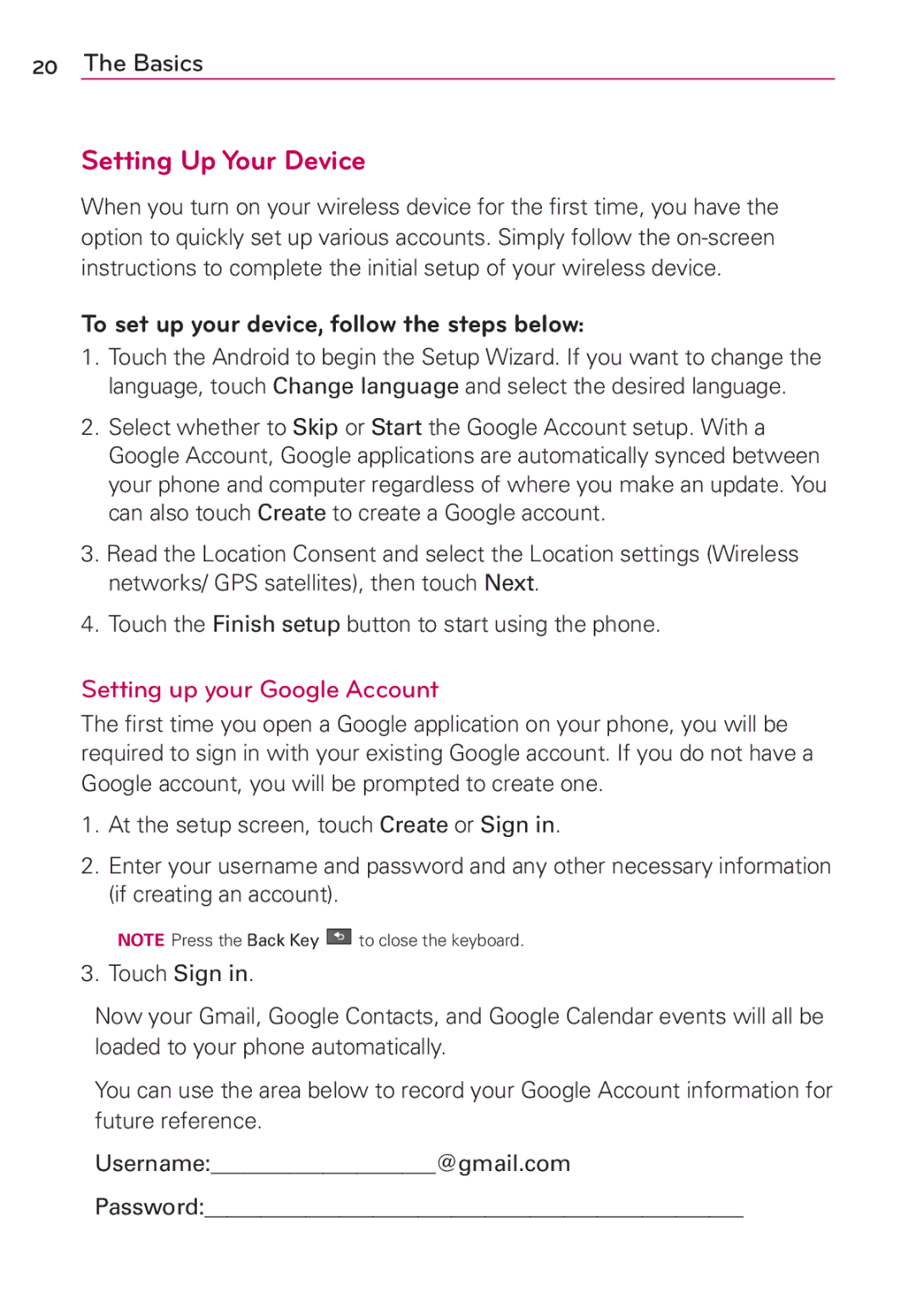 LG Electronics AS680 manual Setting Up Your Device, Setting up your Google Account 