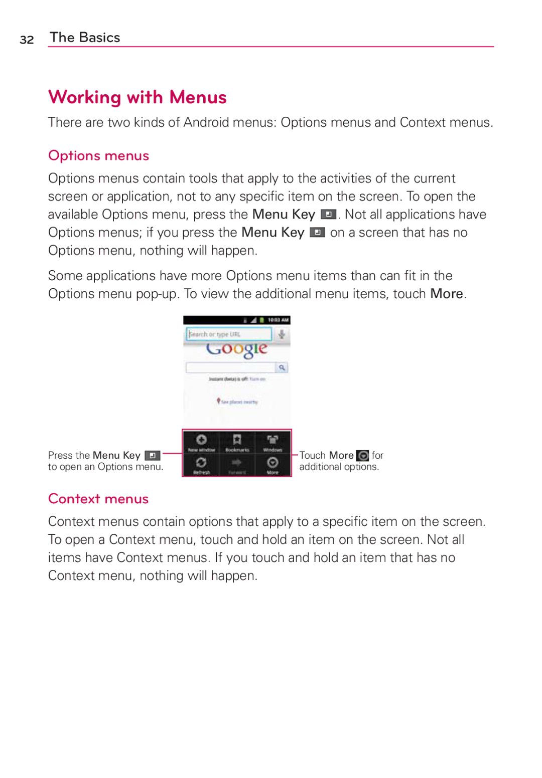 LG Electronics AS680 manual Working with Menus, Options menus, Context menus 