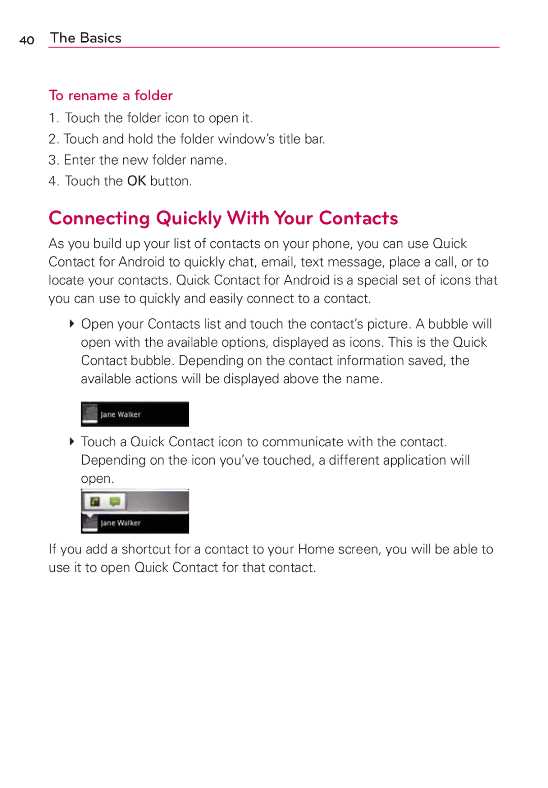 LG Electronics AS680 manual Connecting Quickly With Your Contacts, To rename a folder 