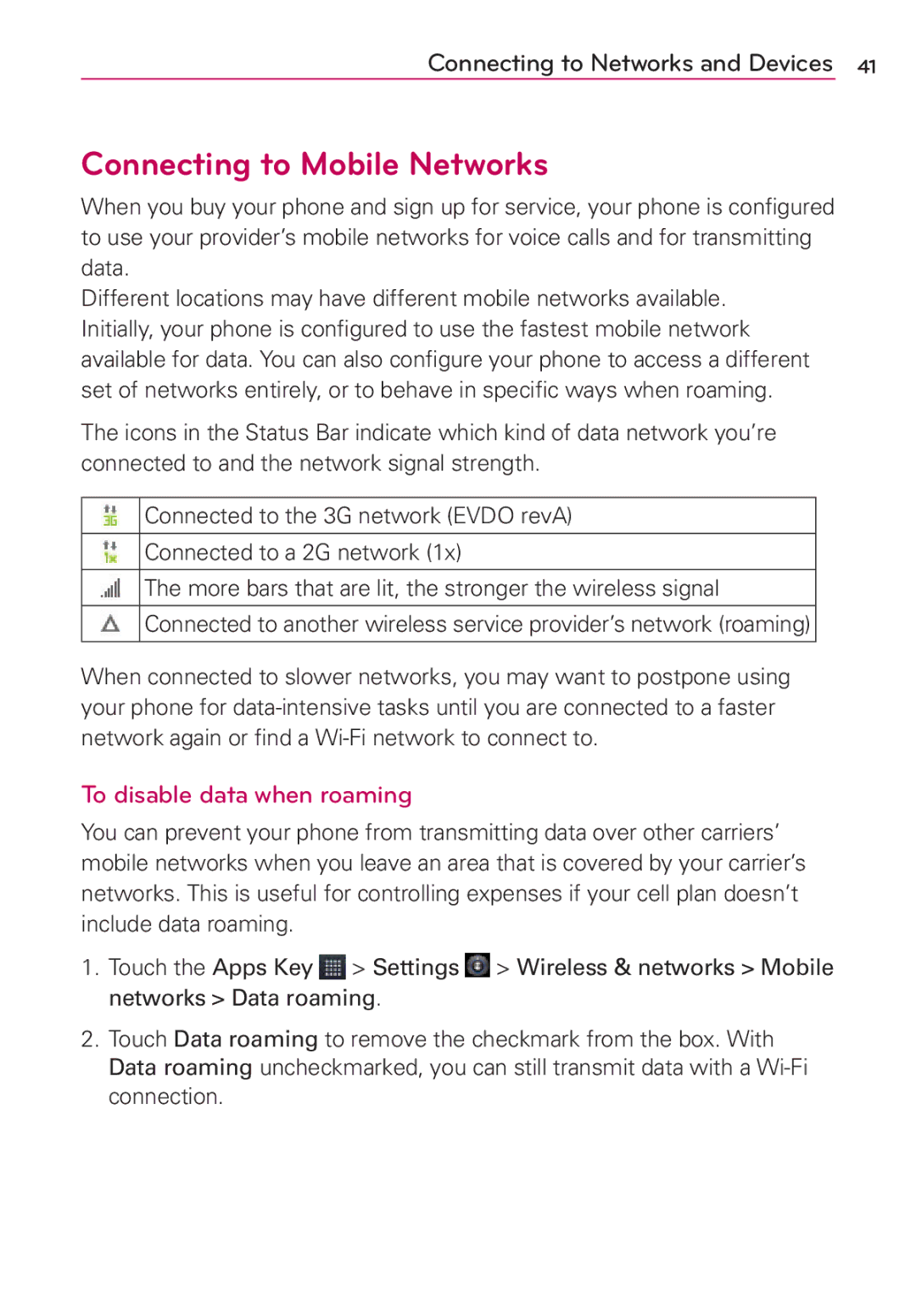 LG Electronics AS680 manual Connecting to Mobile Networks, To disable data when roaming 