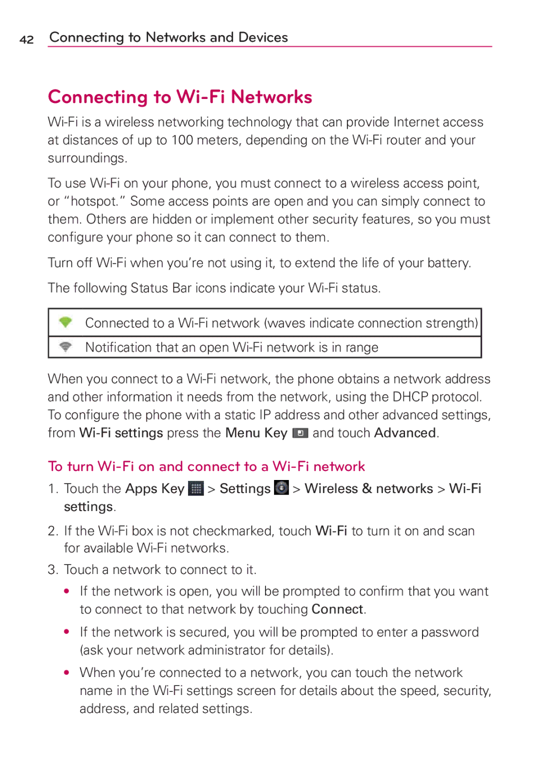 LG Electronics AS680 manual Connecting to Wi-Fi Networks, To turn Wi-Fi on and connect to a Wi-Fi network 