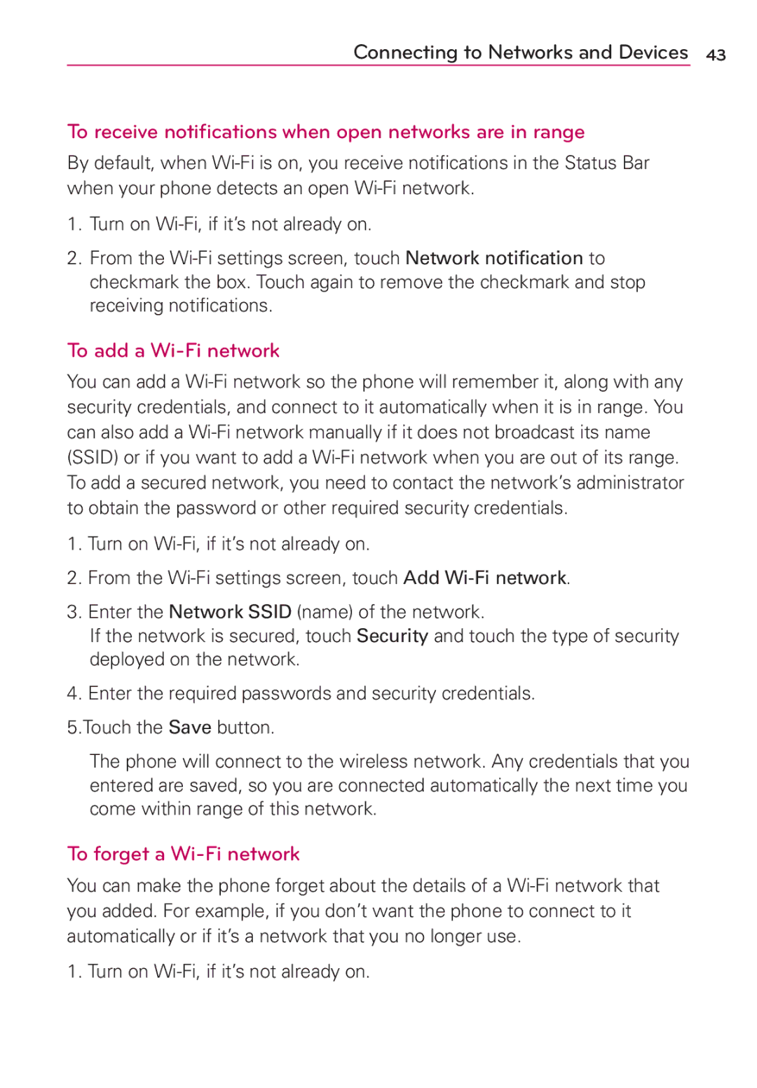 LG Electronics AS680 manual To receive notiﬁcations when open networks are in range, To add a Wi-Fi network 