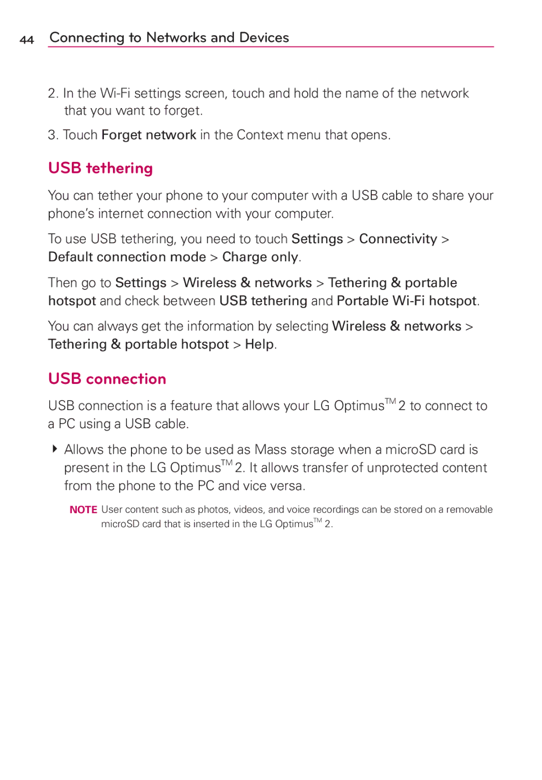 LG Electronics AS680 manual USB tethering, USB connection, From the phone to the PC and vice versa 