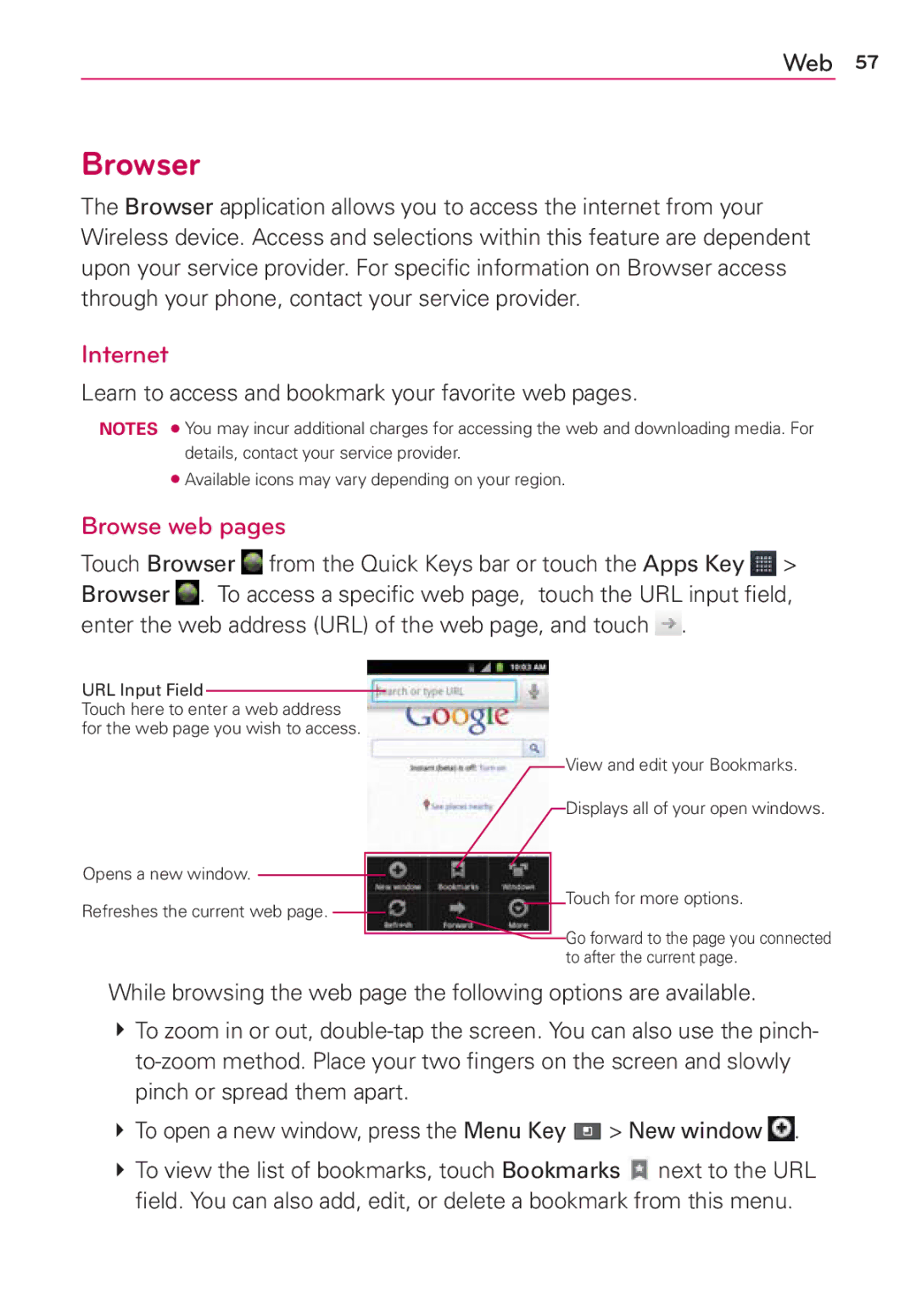 LG Electronics AS680 manual Browser, Internet, Browse web pages, Learn to access and bookmark your favorite web pages 