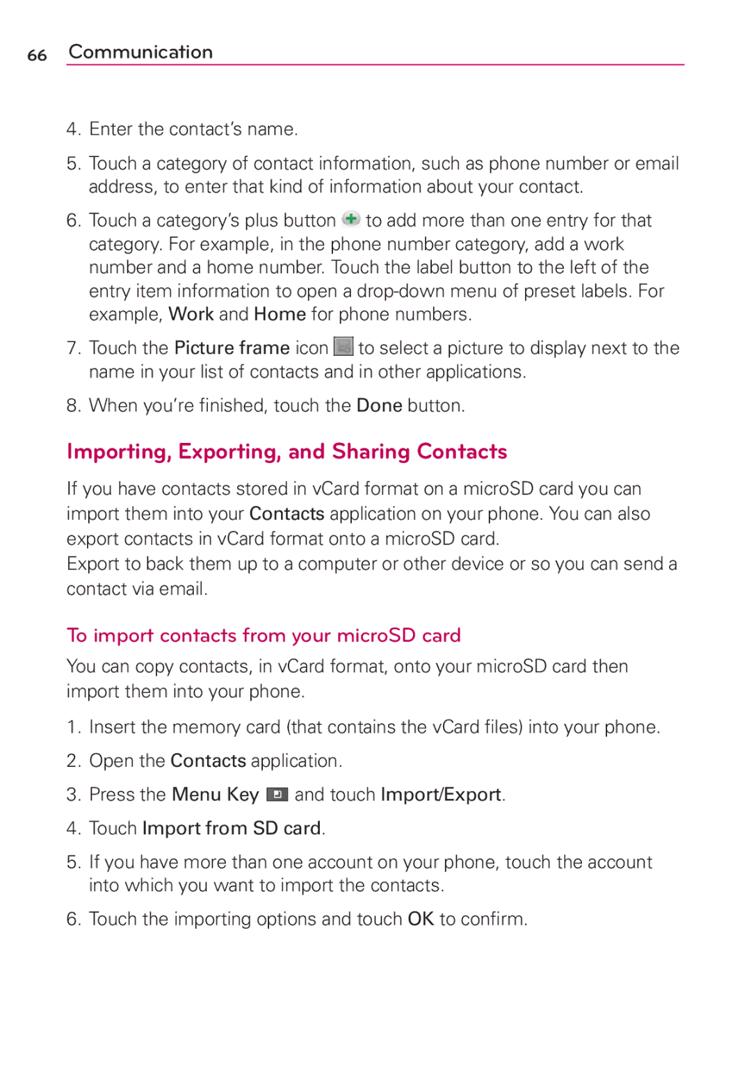 LG Electronics AS680 manual Importing, Exporting, and Sharing Contacts, To import contacts from your microSD card 