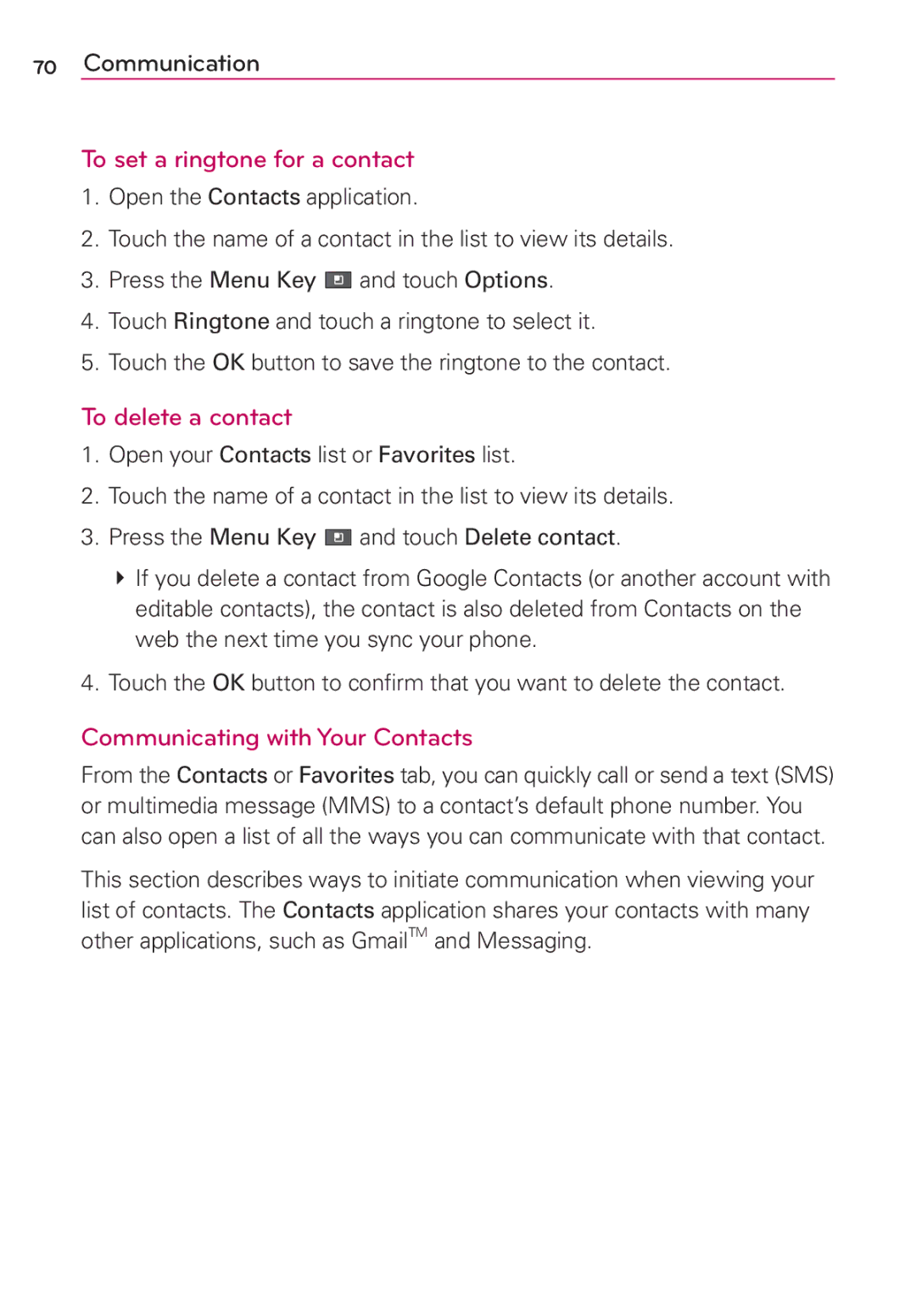 LG Electronics AS680 manual To set a ringtone for a contact, To delete a contact, Communicating with Your Contacts 