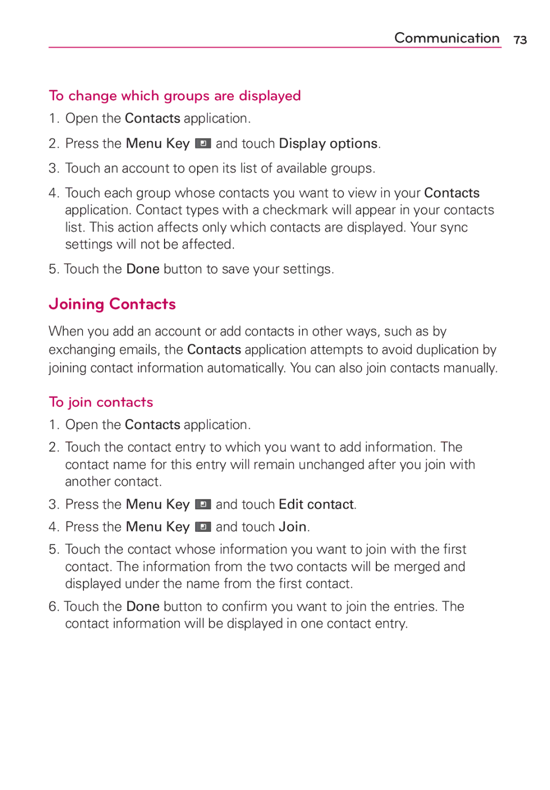 LG Electronics AS680 manual Joining Contacts, To change which groups are displayed, To join contacts 