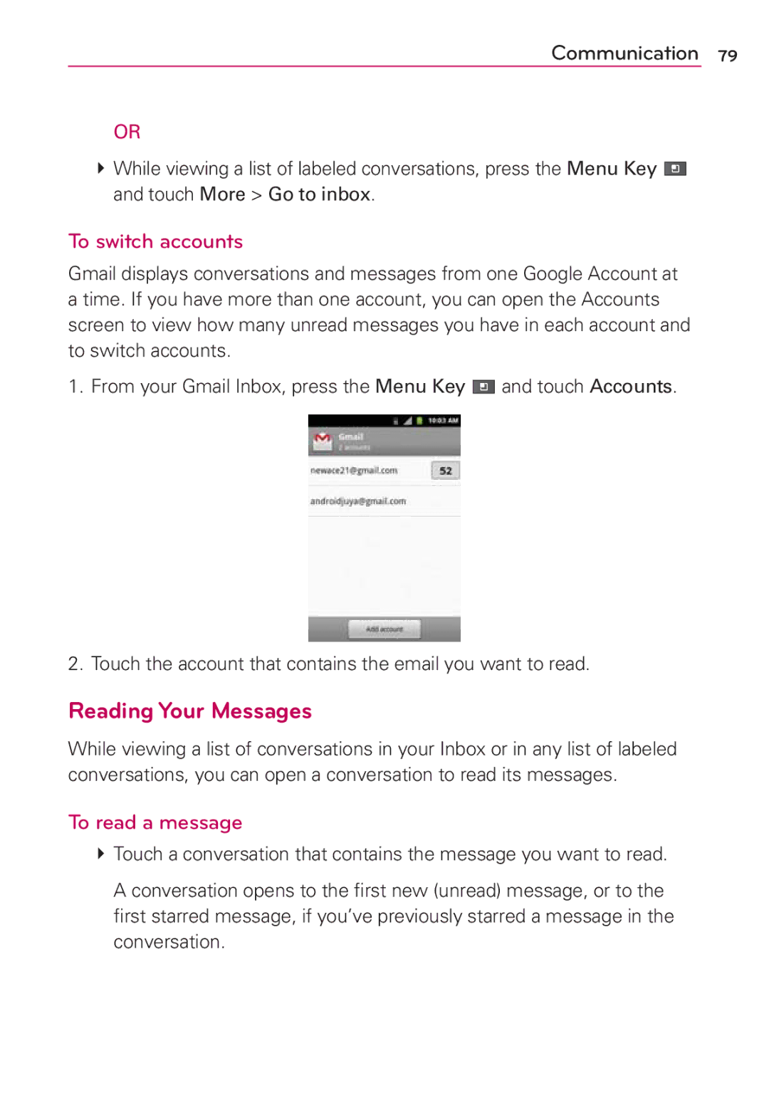 LG Electronics AS680 manual Reading Your Messages, To switch accounts 