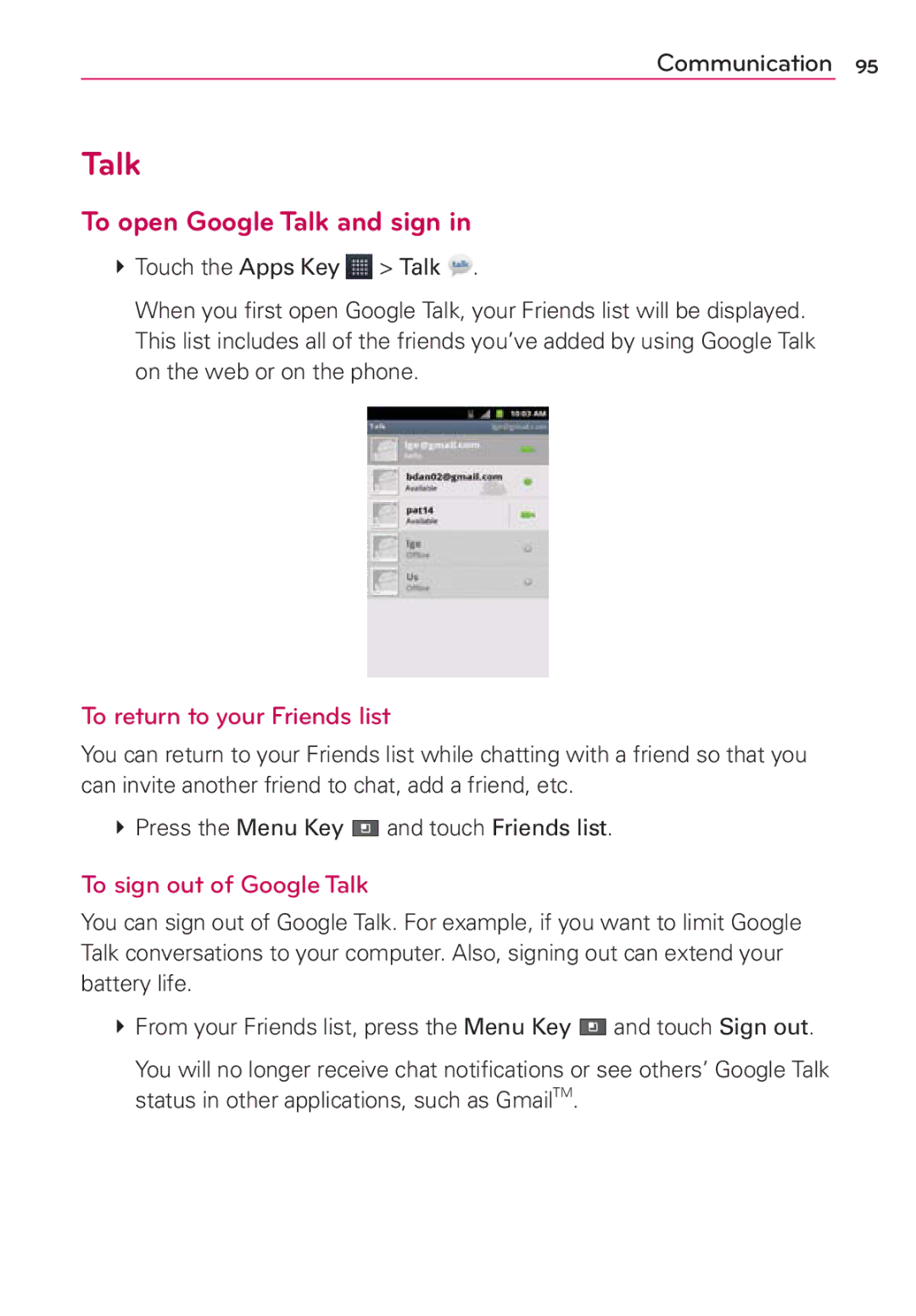 LG Electronics AS680 manual To open Google Talk and sign, To return to your Friends list, To sign out of Google Talk 