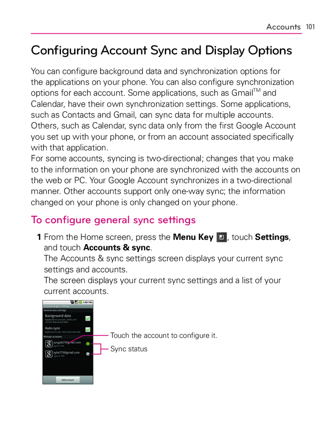 LG Electronics AS740, MFL66990402(1.0) Configuring Account Sync and Display Options, To configure general sync settings 