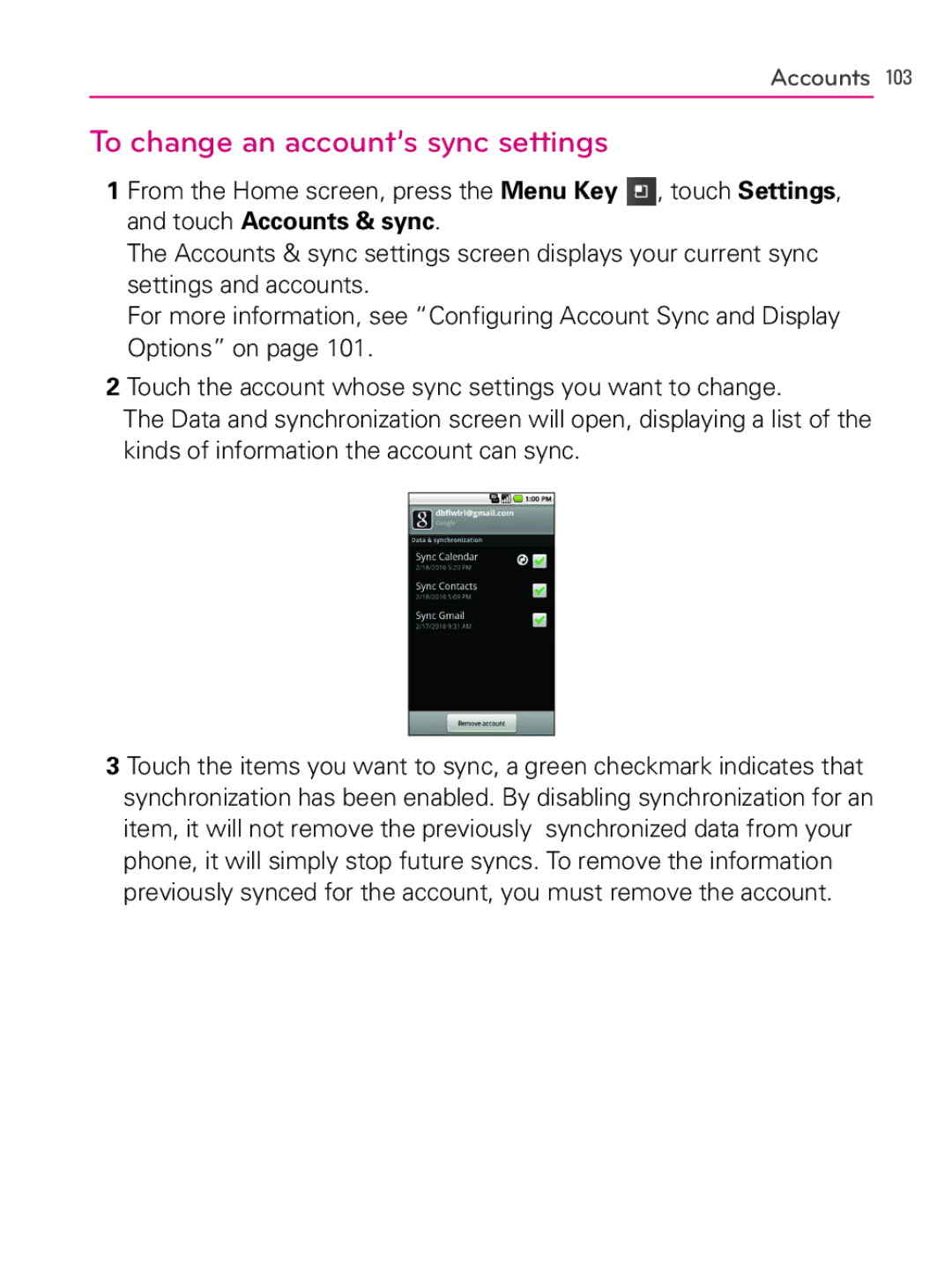 LG Electronics AS740, MFL66990402(1.0) owner manual To change an account’s sync settings 