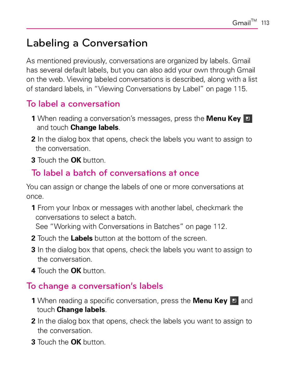 LG Electronics AS740 Labeling a Conversation, To label a conversation, To label a batch of conversations at once 