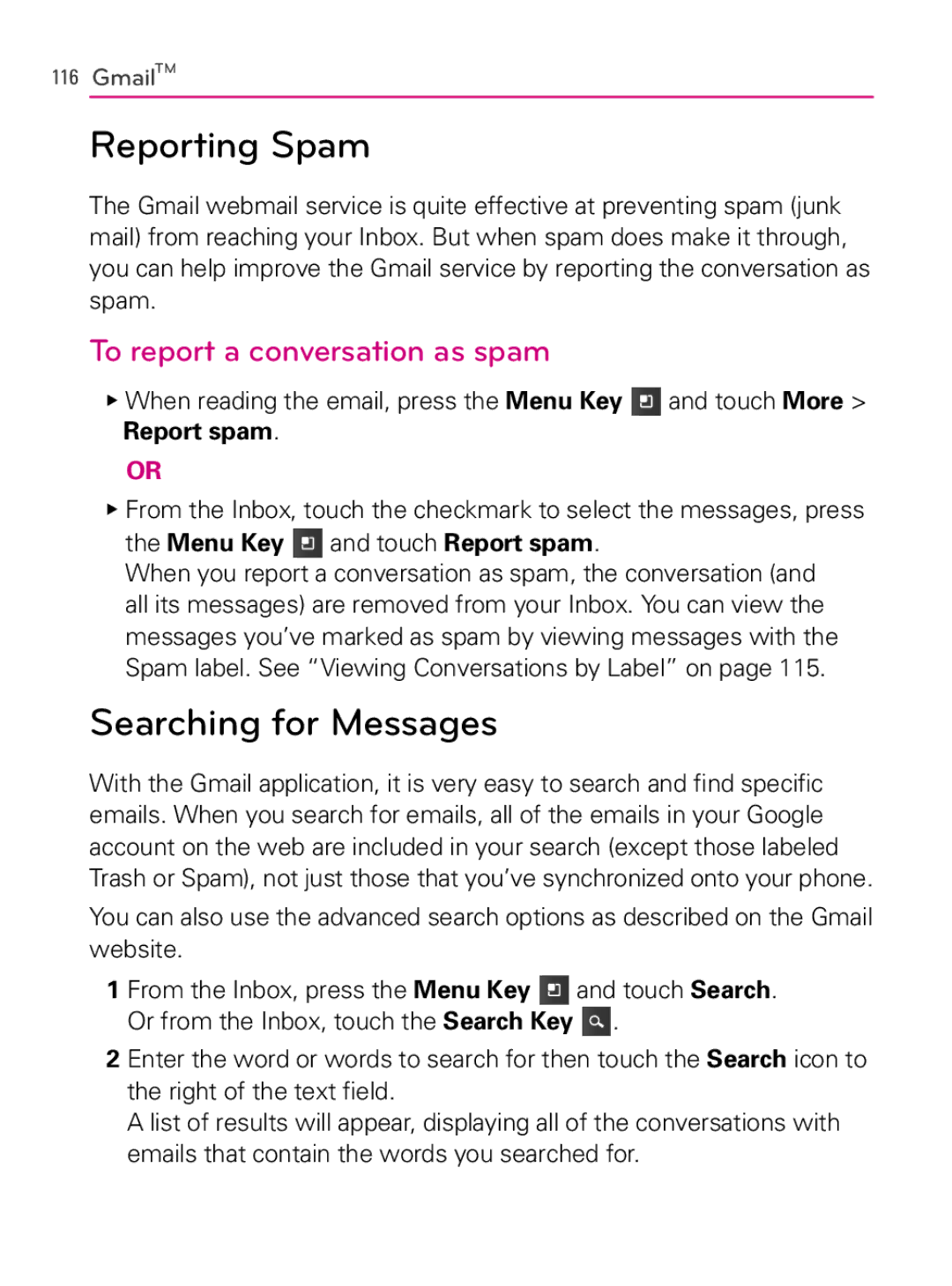 LG Electronics MFL66990402(1.0), AS740 owner manual Reporting Spam, Searching for Messages, To report a conversation as spam 