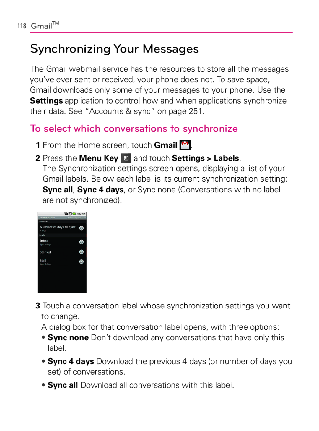 LG Electronics MFL66990402(1.0), AS740 Synchronizing Your Messages, To select which conversations to synchronize 