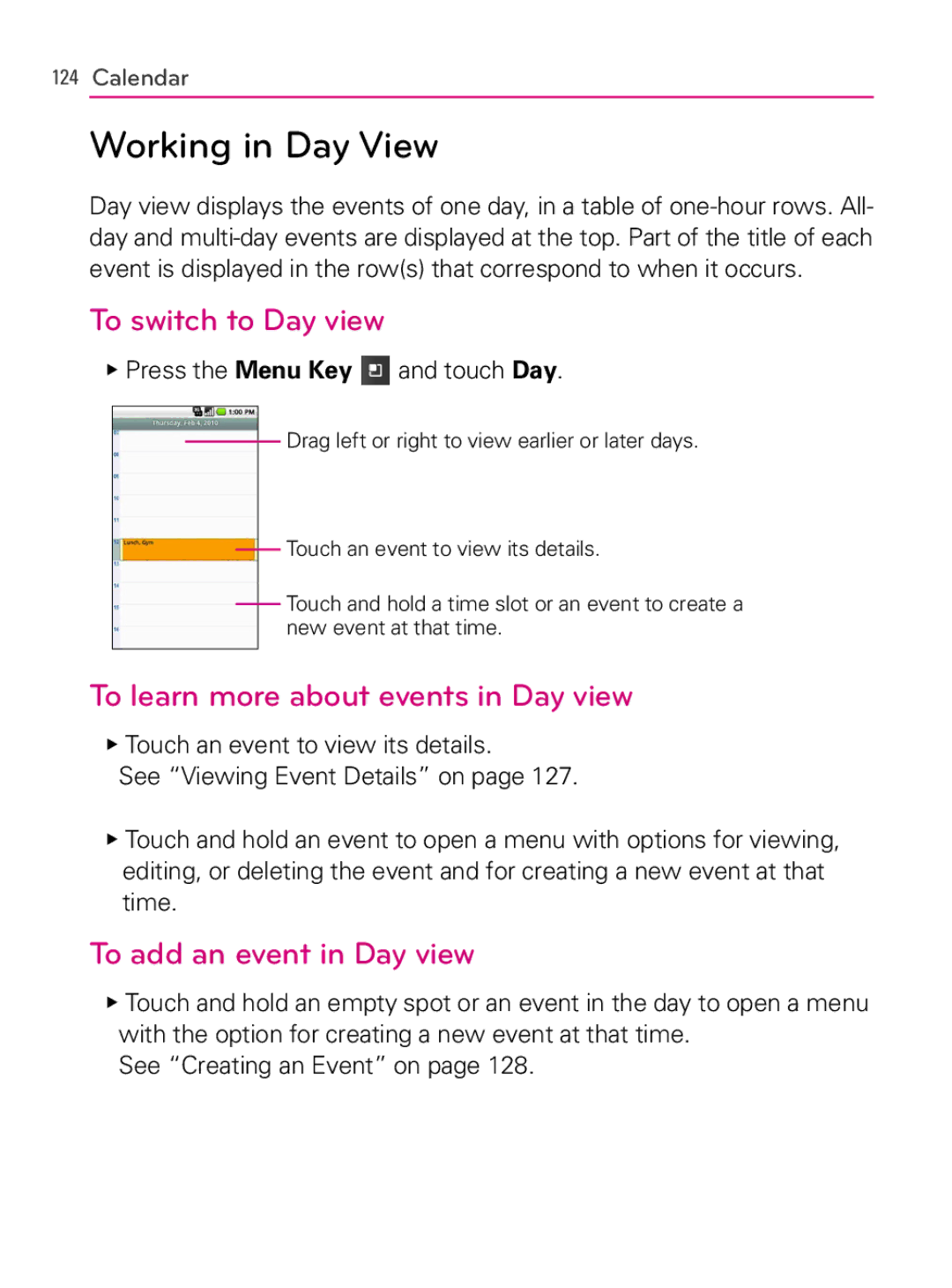 LG Electronics MFL66990402(1.0), AS740 Working in Day View, To switch to Day view, To learn more about events in Day view 