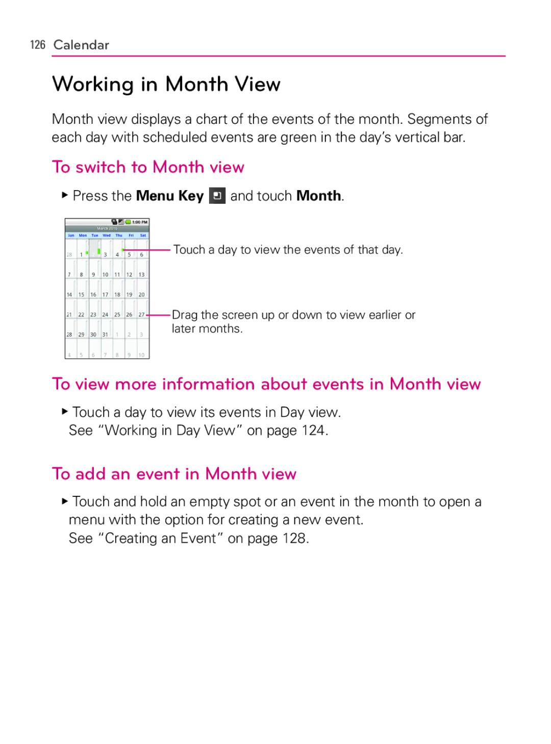 LG Electronics MFL66990402(1.0), AS740 Working in Month View, To switch to Month view, To add an event in Month view 