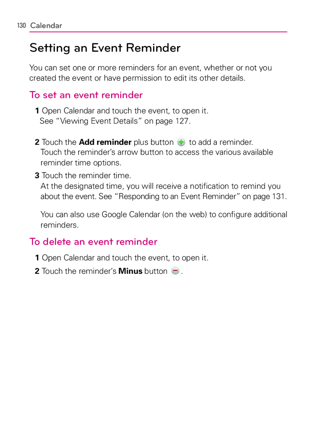 LG Electronics MFL66990402(1.0), AS740 Setting an Event Reminder, To set an event reminder, To delete an event reminder 