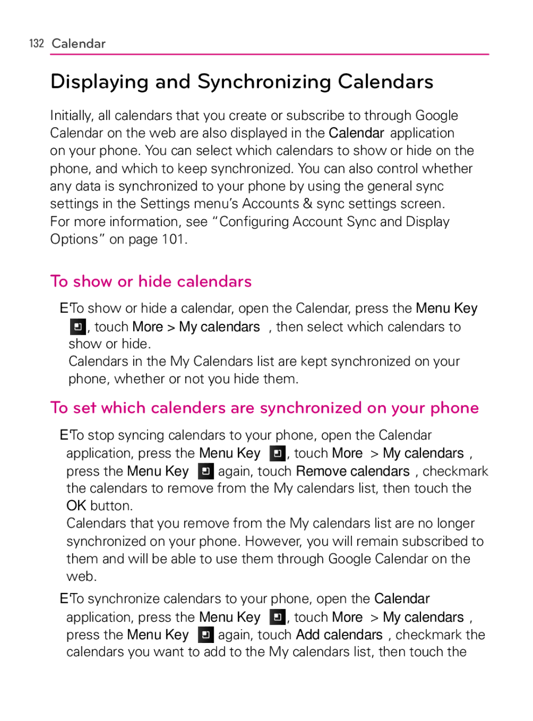 LG Electronics MFL66990402(1.0), AS740 owner manual Displaying and Synchronizing Calendars, To show or hide calendars 