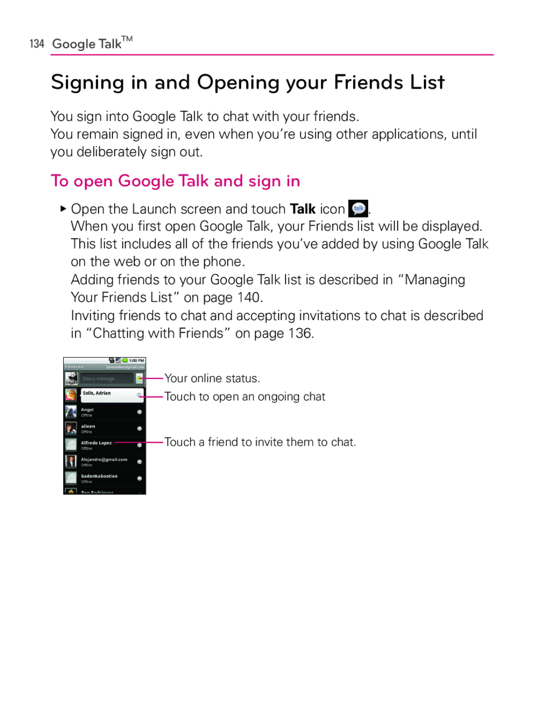 LG Electronics MFL66990402(1.0), AS740 owner manual Signing in and Opening your Friends List, To open Google Talk and sign 