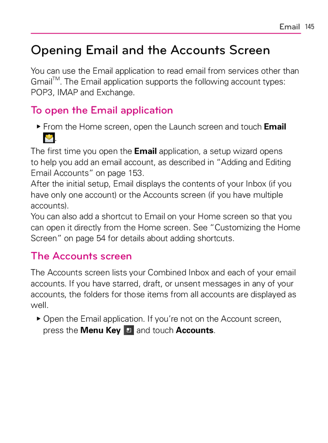 LG Electronics AS740 owner manual Opening Email and the Accounts Screen, To open the Email application, Accounts screen 