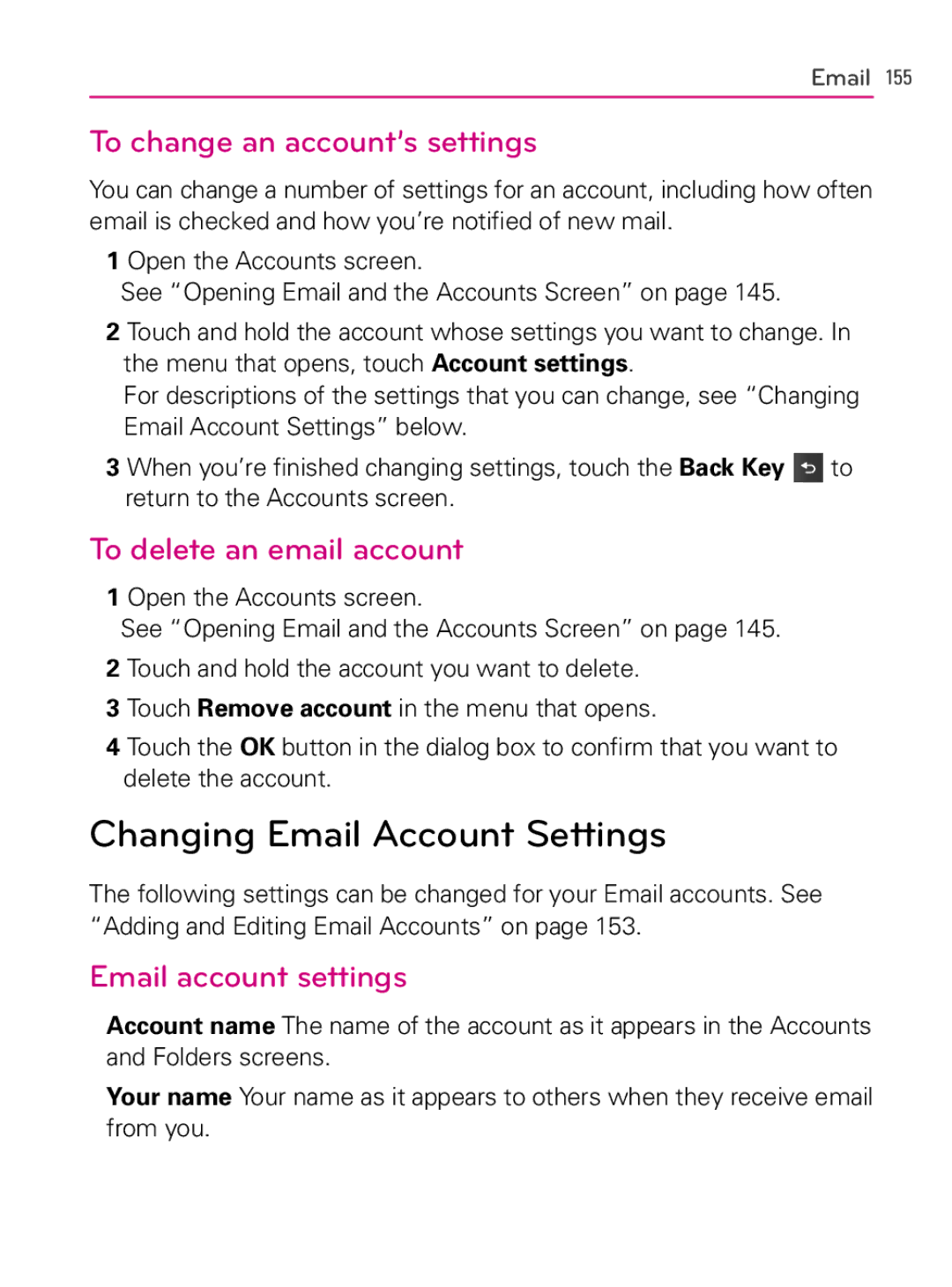 LG Electronics AS740 Changing Email Account Settings, To change an account’s settings, To delete an email account 