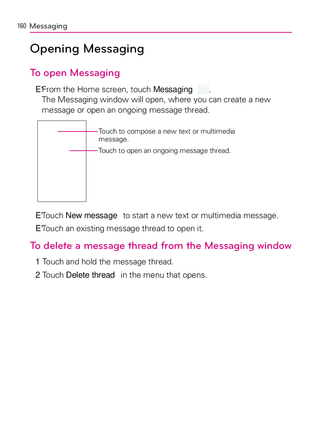 LG Electronics MFL66990402(1.0) Opening Messaging, To open Messaging, To delete a message thread from the Messaging window 