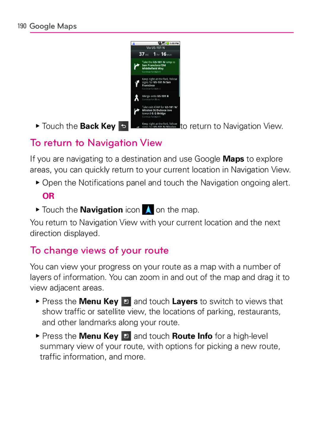 LG Electronics MFL66990402(1.0), AS740 owner manual To return to Navigation View, To change views of your route 