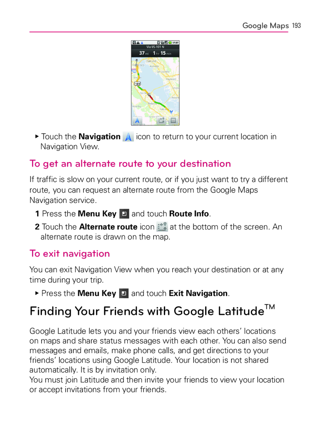 LG Electronics AS740 Finding Your Friends with Google LatitudeTM, To get an alternate route to your destination 