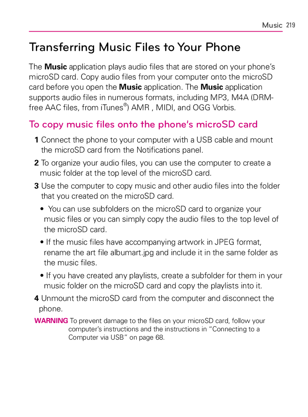 LG Electronics AS740 owner manual Transferring Music Files to Your Phone, To copy music files onto the phone’s microSD card 