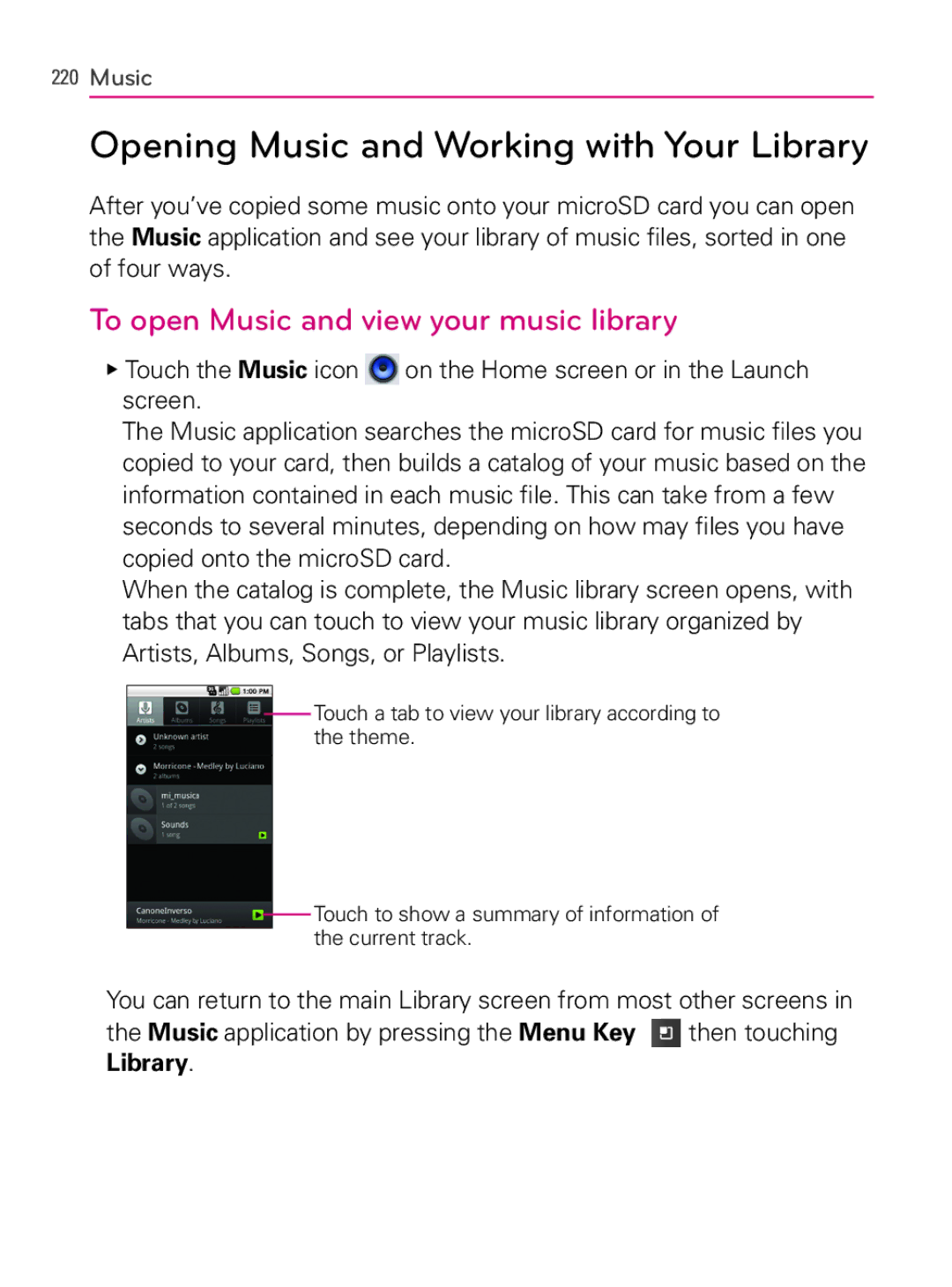 LG Electronics MFL66990402(1.0) Opening Music and Working with Your Library, To open Music and view your music library 