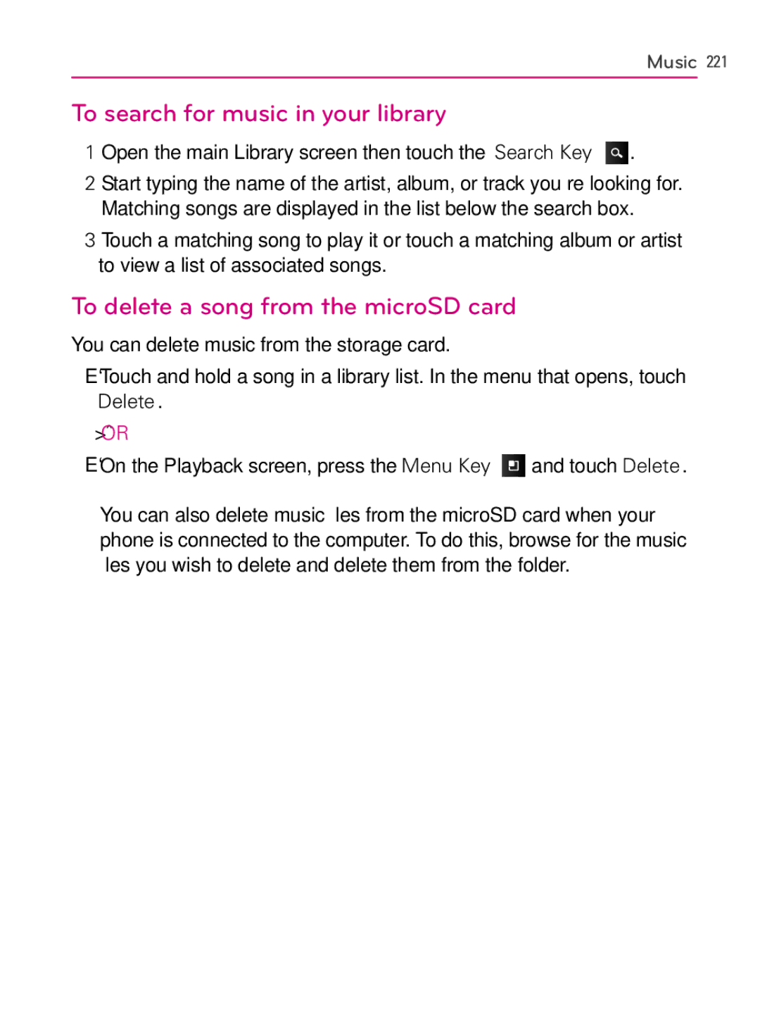 LG Electronics AS740, MFL66990402(1.0) To search for music in your library, To delete a song from the microSD card 