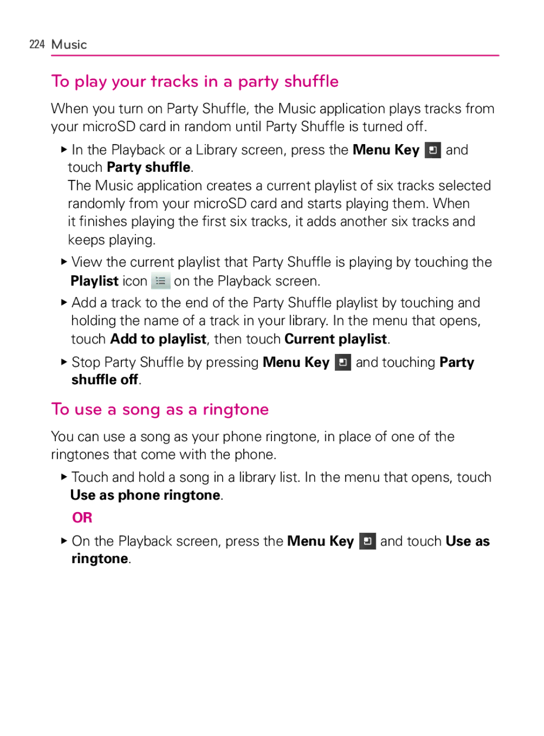 LG Electronics MFL66990402(1.0), AS740 owner manual To play your tracks in a party shuffle, To use a song as a ringtone 