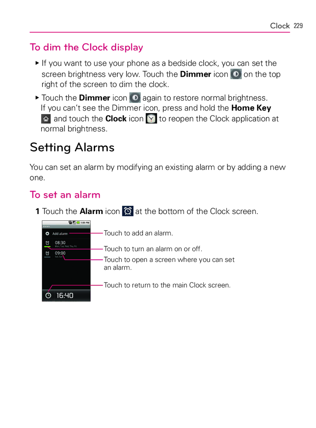 LG Electronics AS740, MFL66990402(1.0) owner manual Setting Alarms, To dim the Clock display, To set an alarm 