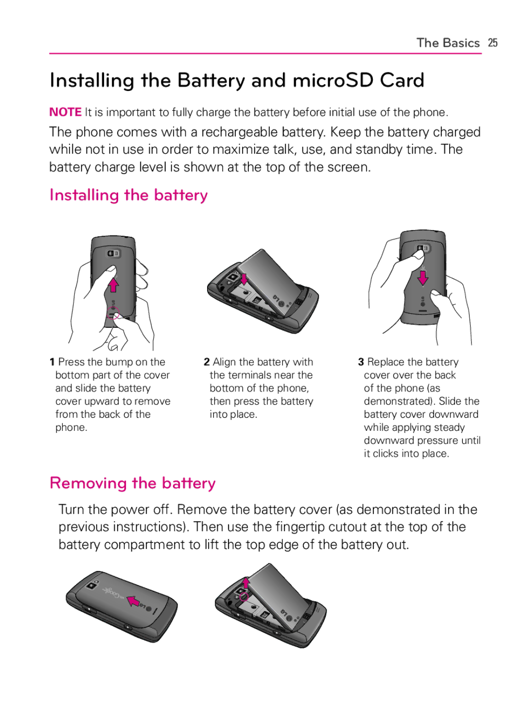 LG Electronics AS740 owner manual Installing the Battery and microSD Card, Installing the battery, Removing the battery 