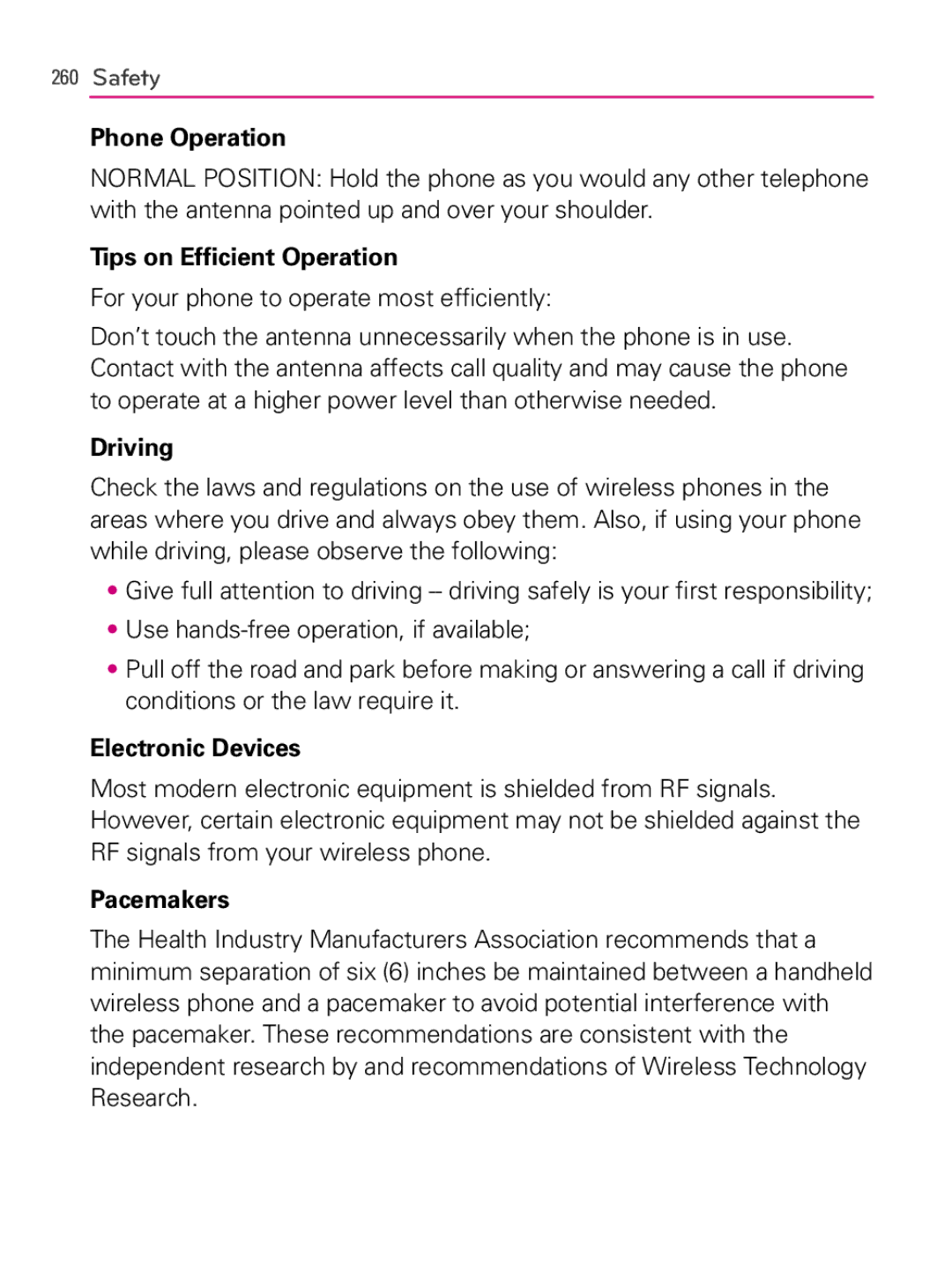 LG Electronics MFL66990402(1.0) Phone Operation, Tips on Efficient Operation, Driving, Electronic Devices, Pacemakers 