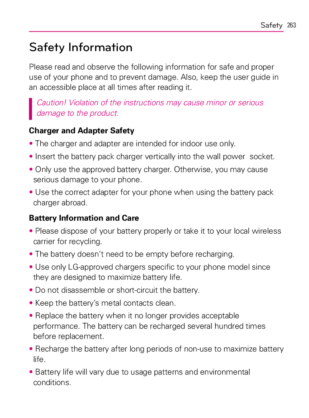 LG Electronics AS740, MFL66990402(1.0) Safety Information, Charger and Adapter Safety, Battery Information and Care 