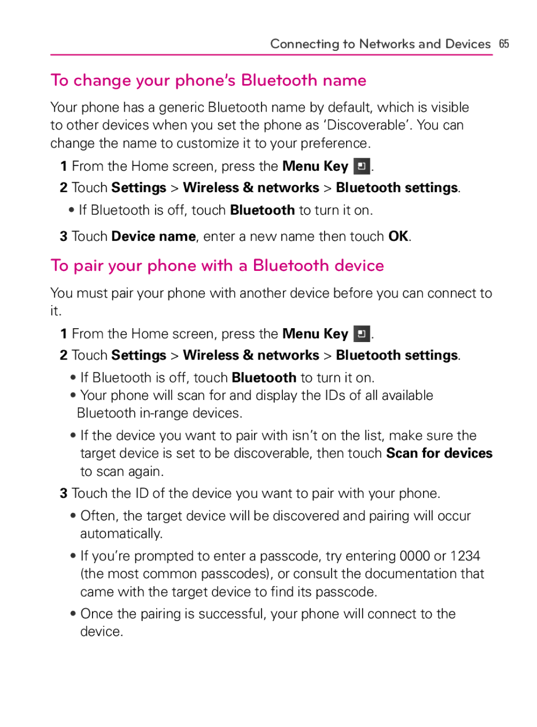 LG Electronics AS740, MFL66990402(1.0) To change your phone’s Bluetooth name, To pair your phone with a Bluetooth device 