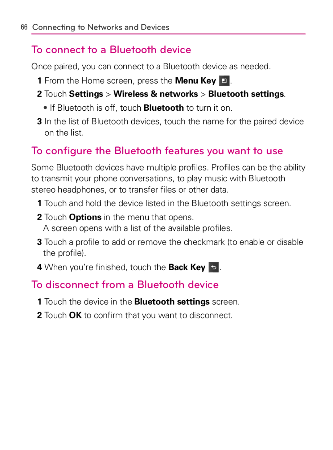 LG Electronics MFL66990402(1.0) To connect to a Bluetooth device, To configure the Bluetooth features you want to use 