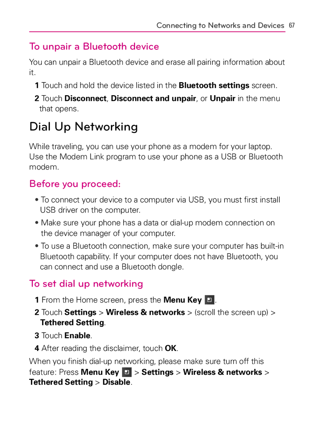 LG Electronics AS740 Dial Up Networking, To unpair a Bluetooth device, Before you proceed, To set dial up networking 