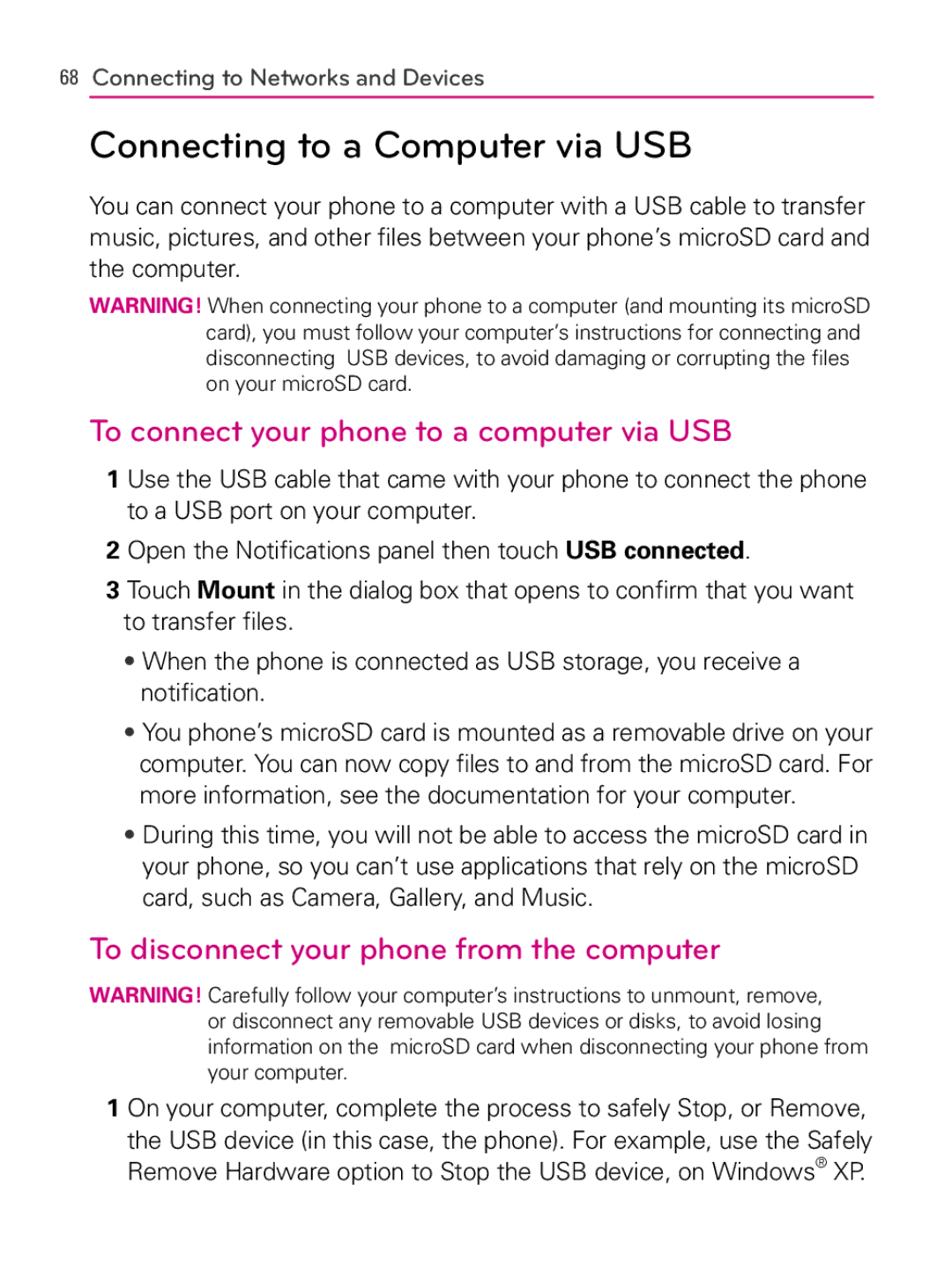 LG Electronics MFL66990402(1.0), AS740 Connecting to a Computer via USB, To connect your phone to a computer via USB 