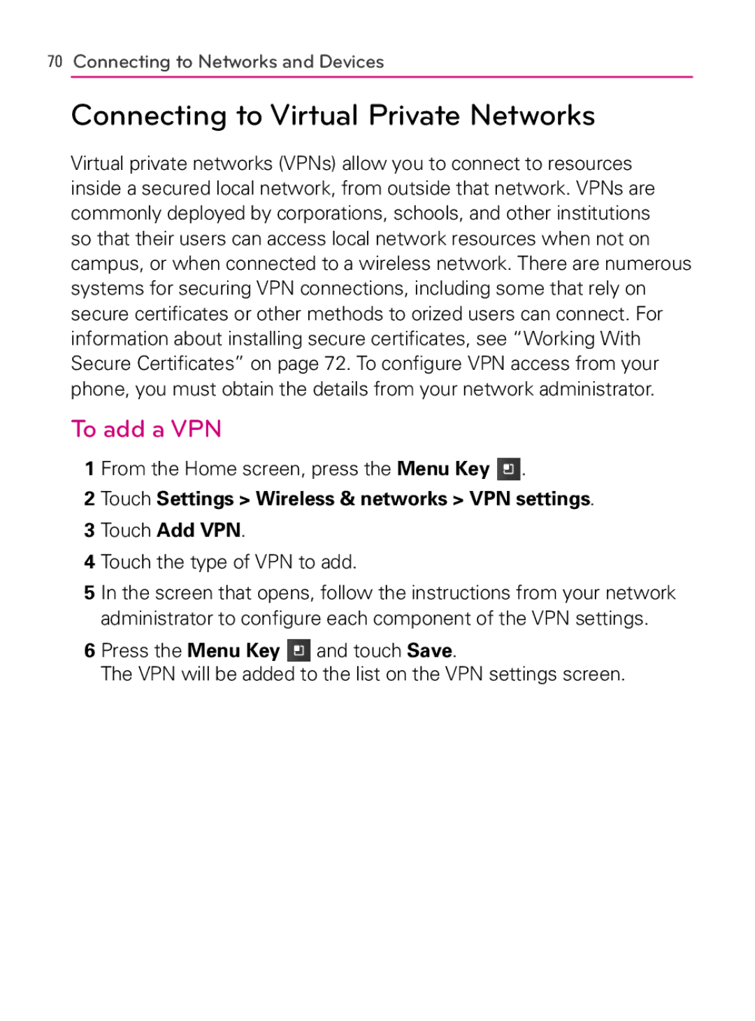 LG Electronics MFL66990402(1.0), AS740 owner manual Connecting to Virtual Private Networks, To add a VPN 