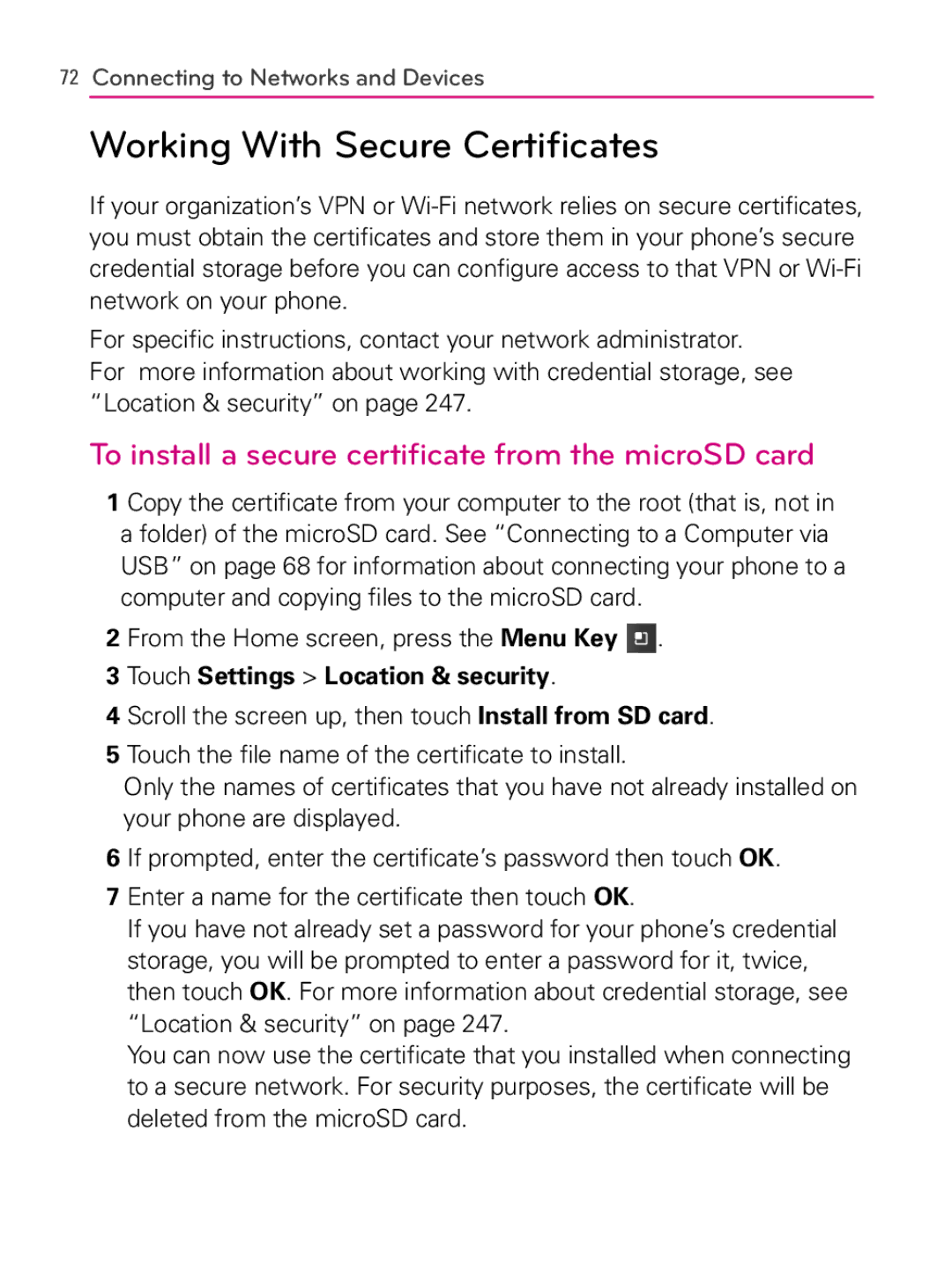 LG Electronics MFL66990402(1.0) Working With Secure Certificates, To install a secure certificate from the microSD card 