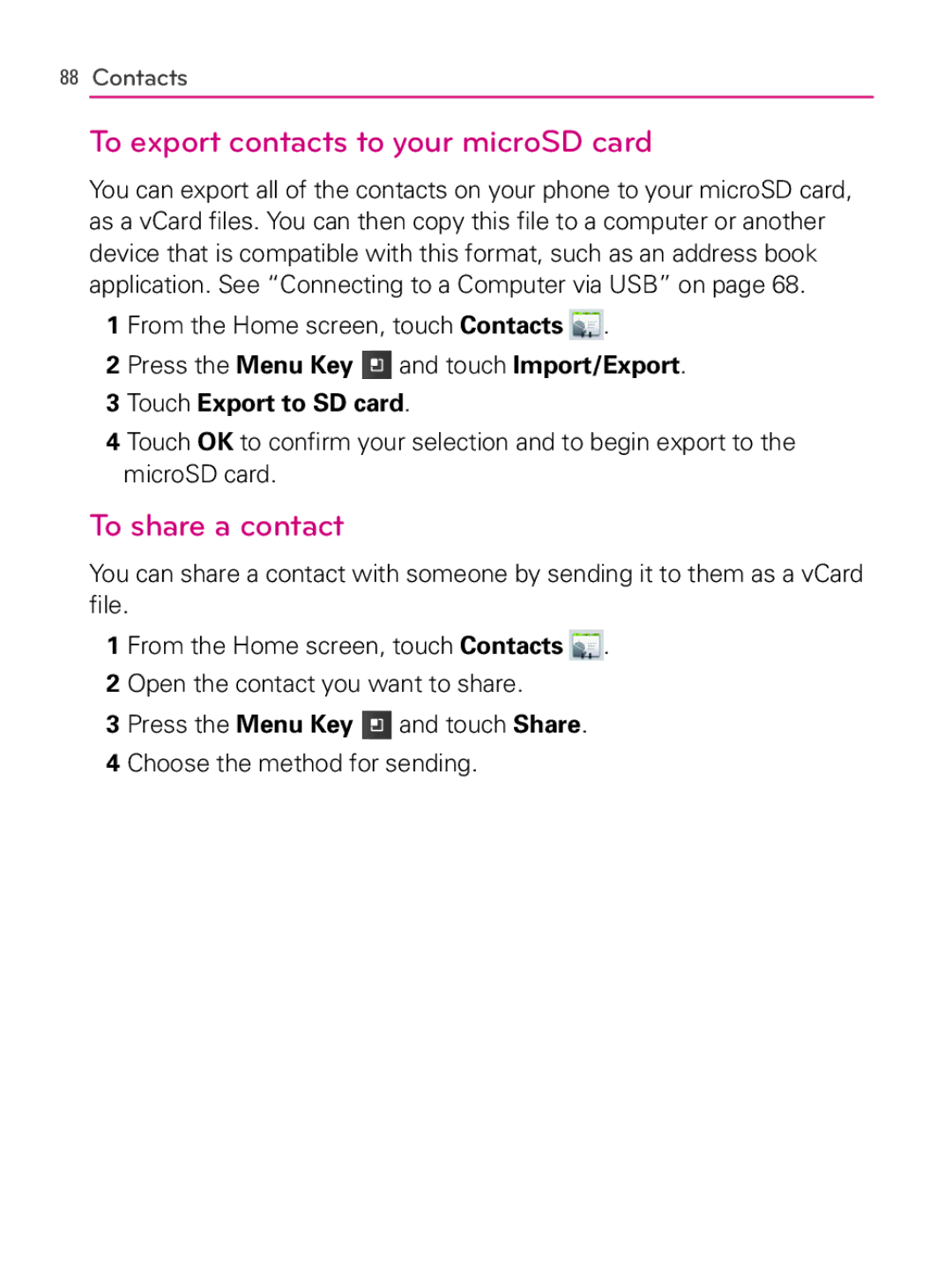 LG Electronics MFL66990402(1.0), AS740 owner manual To export contacts to your microSD card, To share a contact 