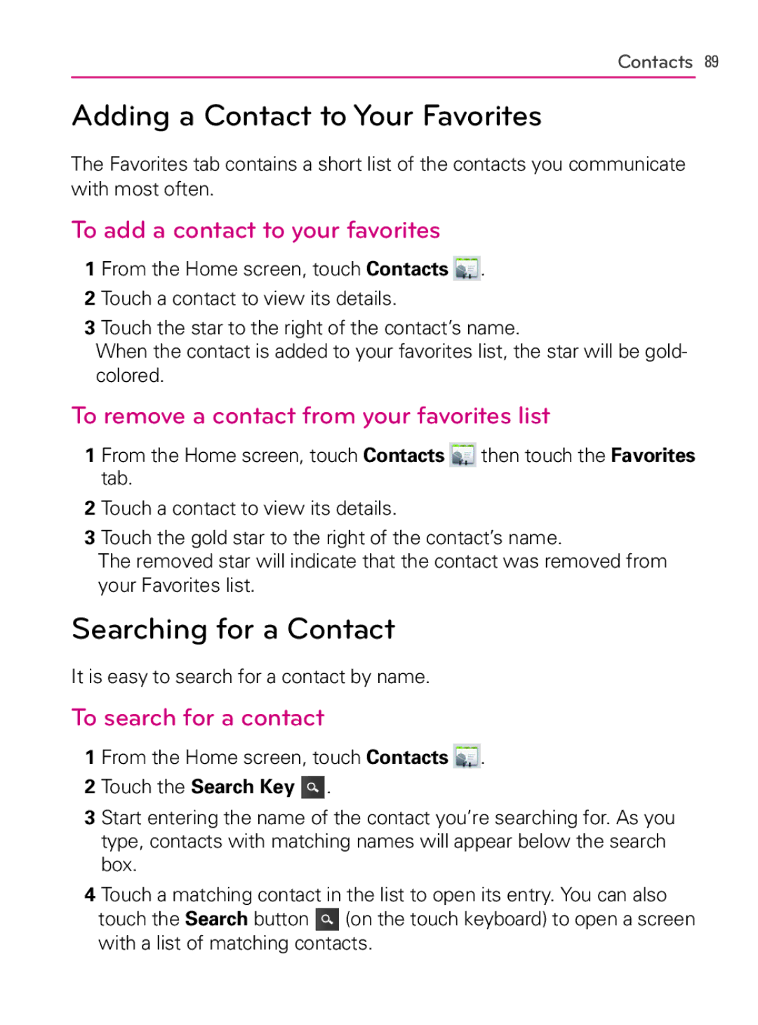 LG Electronics AS740 Adding a Contact to Your Favorites, Searching for a Contact, To add a contact to your favorites 