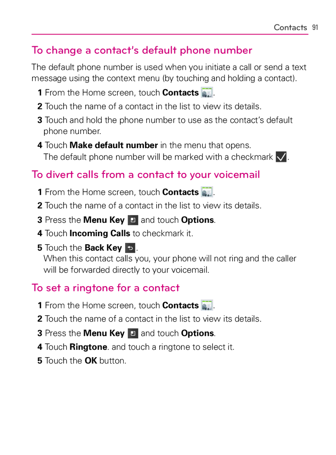 LG Electronics AS740 To change a contact’s default phone number, To divert calls from a contact to your voicemail 