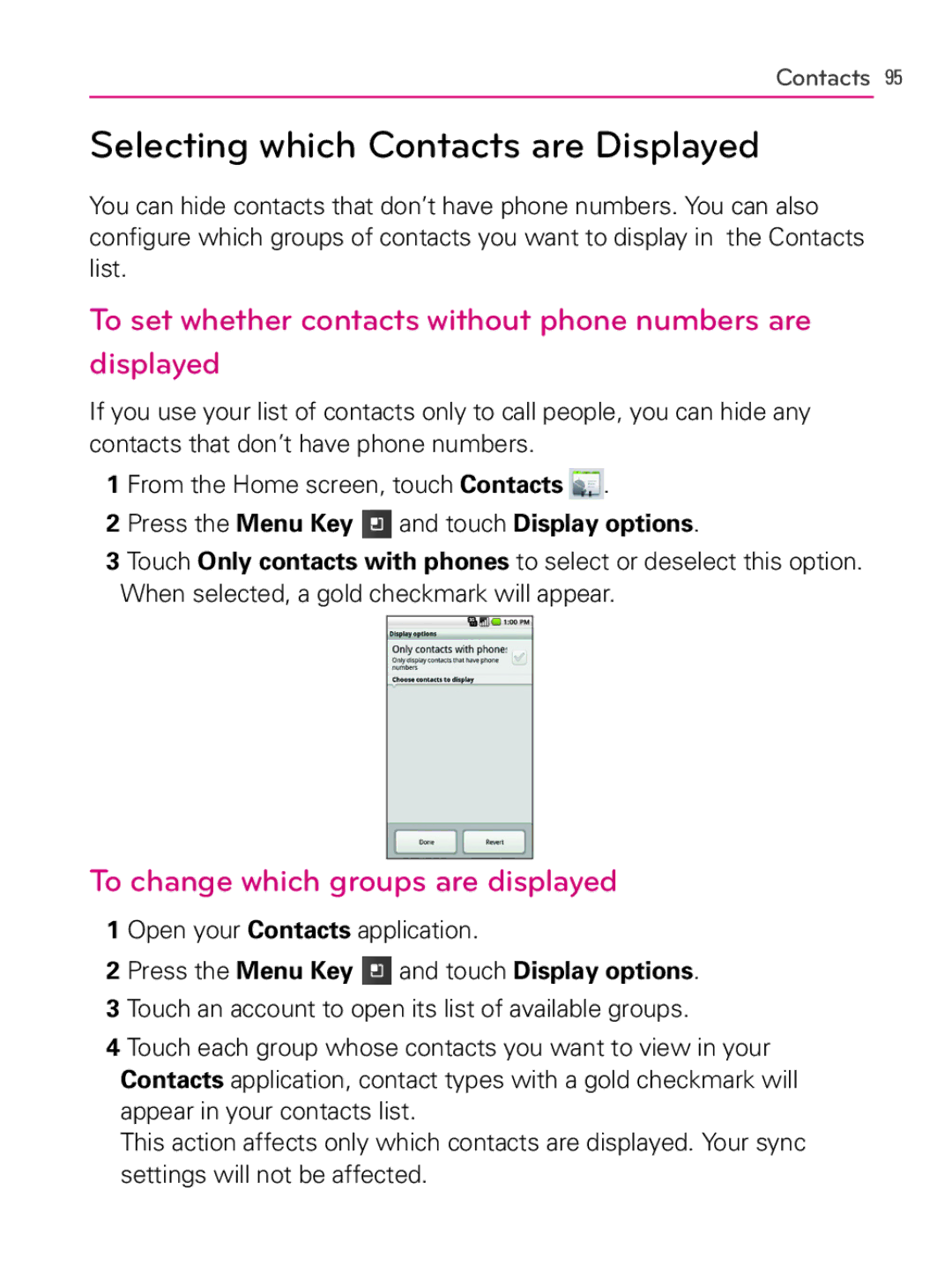 LG Electronics AS740 Selecting which Contacts are Displayed, To set whether contacts without phone numbers are displayed 