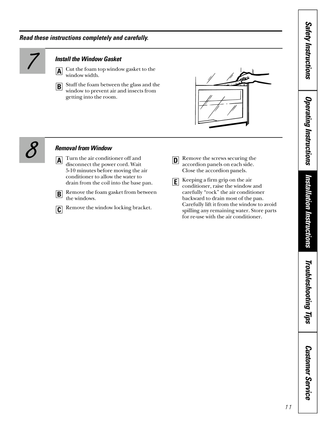 LG Electronics ASC05 owner manual Safety Instructions Operating, Removal from Window 