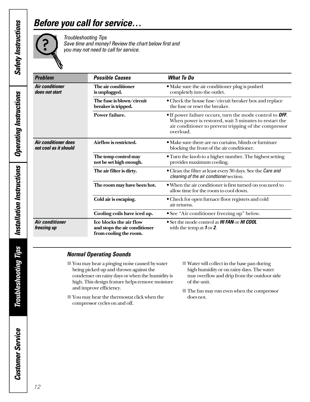 LG Electronics ASC05 owner manual Before you call for service…, Normal Operating Sounds 